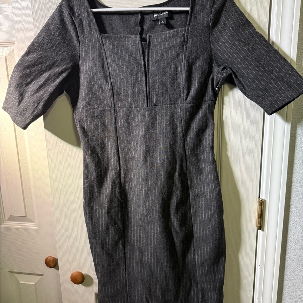 Betabrand Charcoal Pinstripe Long Sleeve Dress